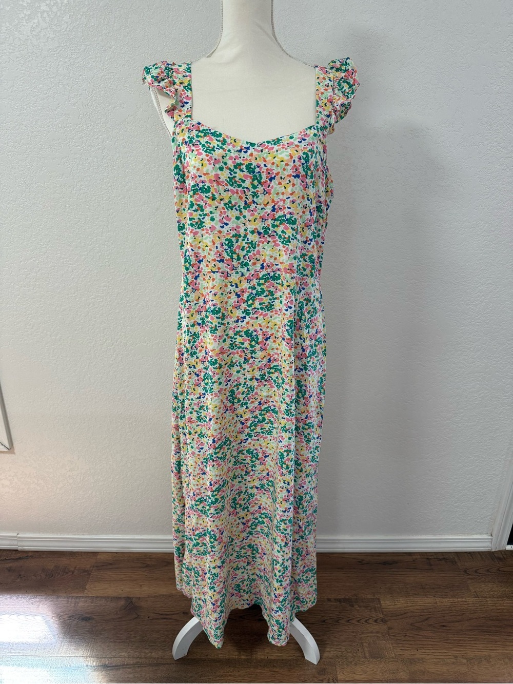 LOFT 12 Multicolor Floral Maxi Dress Square Neck Smocked Ruffle Sleeves